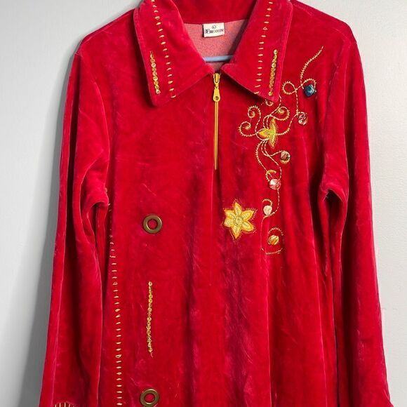Futoun Egyptian Velvet Red Embroidered Maxi Dress with Gemstones large - Picture 8 of 11